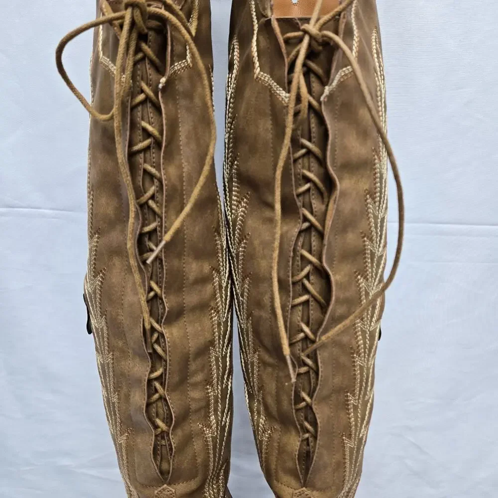 Brown Embroidered Thigh-High Over-the-Knee Cowboy Back Lace-Up Boots Size 6